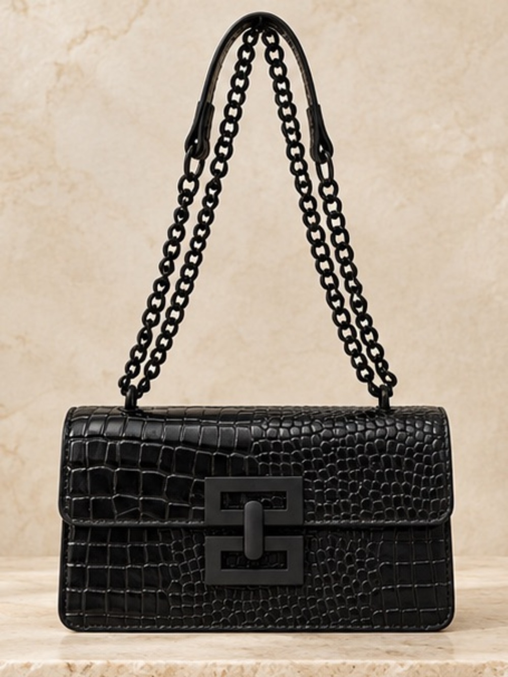Black Croc Embossed Chain Strap Shoulder Bag Designer Inspired